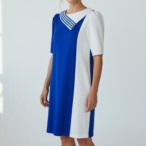 Vintage 80s JM II New York Nautical Midi Dress Asymmetric Stripe Detail Size 14